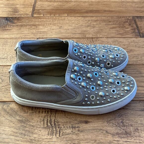 SAM Edelman Paven Embellished Studded Slip-On Sneakers in Taupe Suede Size 6 - Picture 4 of 10